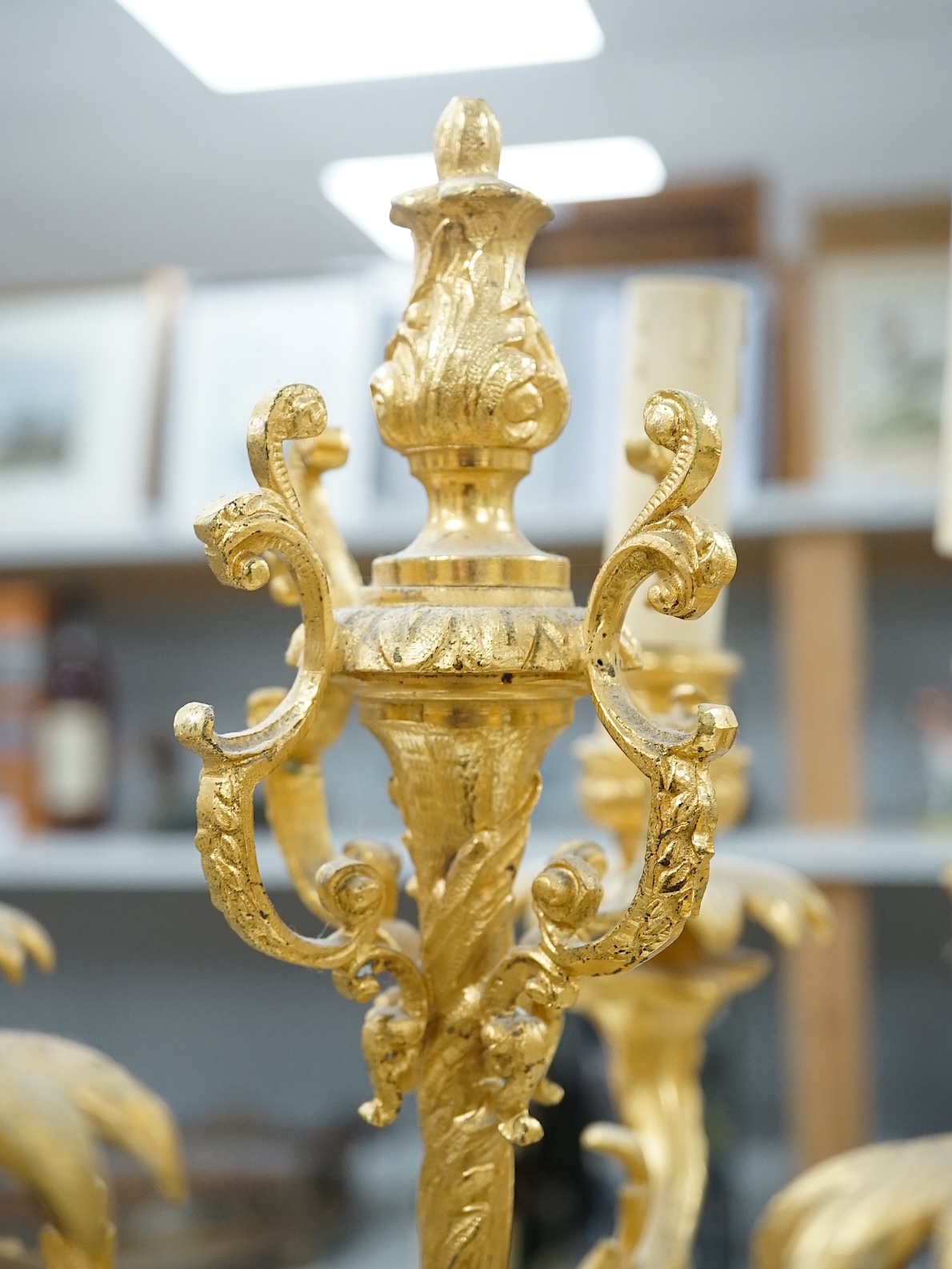 A pair of early 20th century French ormolu figural six branch table lamps, 74cm tall. Condition - good, not tested